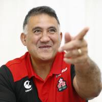 Japan rugby coach Jamie Joseph gestures on Monday during the announcement of his first squad ahead of November tests against Argentina, Georgia, Wales and Fiji. | KYODO