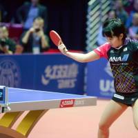 Miu Hirano plays a shot during the women\'s table tennis World Cup tournament in Philadelphia on Sunday. | KYODO