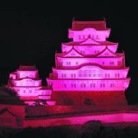 Himeji Castle, which stands guard over the city in Hyogo Prefecture, is illuminated in pink on Saturday night to promote breast cancer awareness. A hilltop fortress has stood on the site since the 14th century. | KYODO