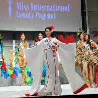 Junna Yamagata, 22, Japan\'s representative in this year\'s Miss International beauty pageant, appears together with other contestants at Tokyo Dome Hotel in Bunkyo Ward on Tuesday. With contestants from 70 nations, this year\'s event is scheduled for Oct. 27 in Tokyo. | SATOKO KAWASAKI