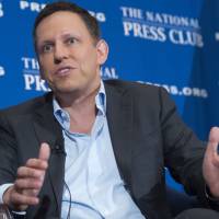 Peter Thiel, PayPal founder-turned-venture-capitalist, discusses his support for U.S. Republican presidential nominee Donald Trump, at the National Press Club in Washington Monday. | AFP-JIJI