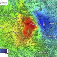 This combined radar image provided Wednesday by the European Space Agency shows the ground deformations over an area of 130 sq. km (50 sq. mi) in central Italy following the earthquake ofSunday, with the red area showing a maximum displacement of about 70 cm around the town of Castelluccio di Norcia. A wave of earthquakes, the latest of a magnitude-6.6, has rocked central Italy in recent months, shattering medieval towns and destroying ancient homes, churches and landmarks. | EUROPEAN SPACE AGENCY VIA AP