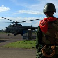 A helicopter carrying senior diplomats from the U.N., United States, China, Britain, European Union and India departs from Sittwe to visit troubled Rohingya villages in the Maungdaw area of Myanmar’s northern Rakhine State on Wednesday. Non-Muslims in conflict-torn Rakhine State to get arms, training
