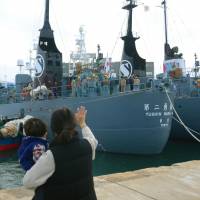 Two whaling ships leave the port in Shimonoseki, Yamaguchi Prefecture, on Friday to conduct so-called research whaling in the Antarctic Ocean. | KYODO