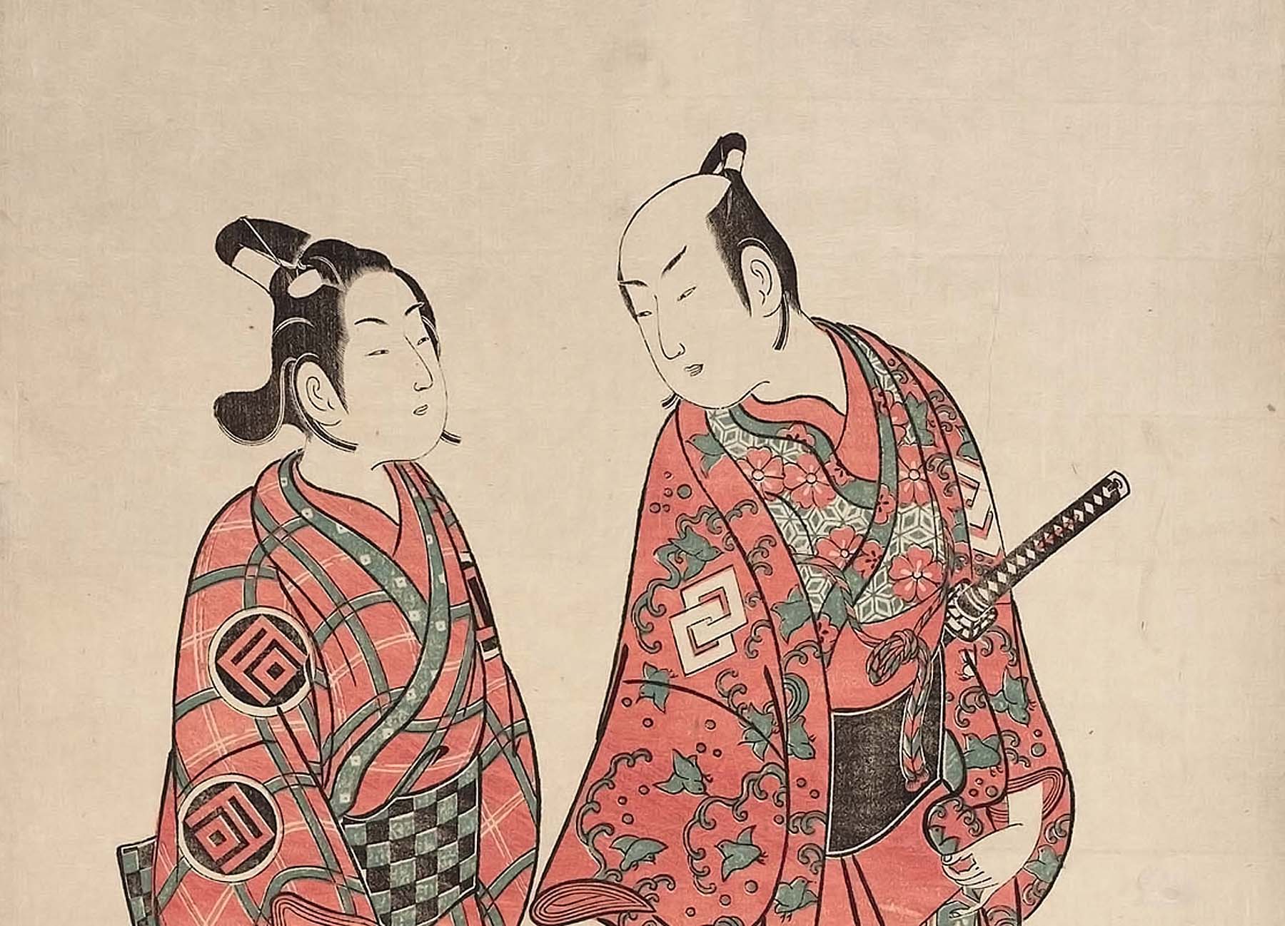 Young love: A woodblock print by Ishikawa Toyonobu (circa 1740) shows two actors portraying a relationship between a wakashū  (adolescent male) and an adult man (right). | PUBLIC DOMAIN
