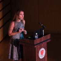 Angela Ortiz gives a presentation at Yokohama International School about  corporate social responsibility in her new role as head of CSR for H&amp;M Japan. | ED LEMERY