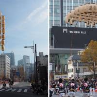 Left: A top-heavy tower of lanterns on bamboo poles is held aloft by performers of the Akita Kanto Matsuri. Along the parade route, men show their prowess by balancing the precarious load in a variety of ways. Right: The flexibility and strength of bamboo is exhibited as a performer struggles to upright a bending pole. Sometimes, though, gravity wins, and the pole breaks with a loud SNAP. | MARK THOMPSON