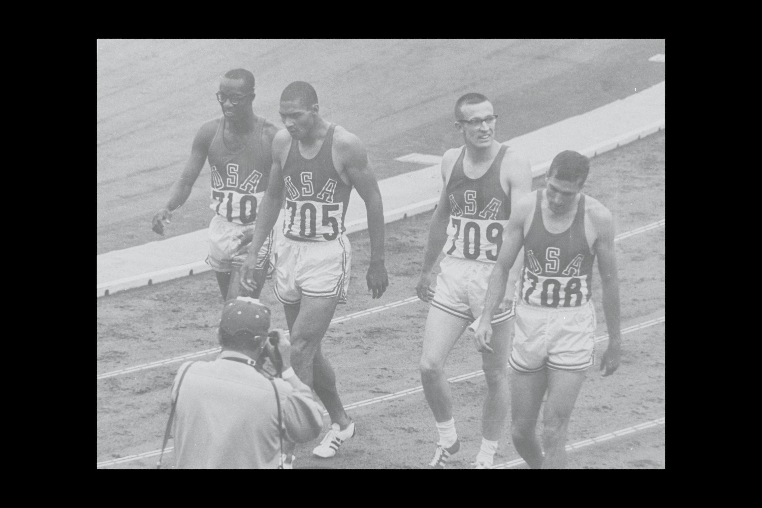 The U.S. 4x400-meter relay team (from left) Ulis Williams, Henry Carr, Mike Larrabee and Ollan Cassell is seen after its triumph at the 1964 Tokyo Olympics. Cassell went on to have a long and distinguished career in sports administration. | IOC