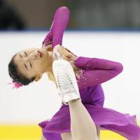 Kaori Sakamoto performs her free-skate routine at the Japan Junior Championships in Sapporo on Sunday. Sakamoto won the event with a total of 191.97 points. | KYODO