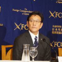 Hokkaido Nippon Ham Fighters manager Hideki Kuriyama speaks at the Foreign Correspondents\' Club of Japan on Tuesday. | JASON COSKREY