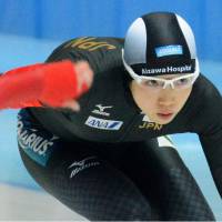 Speed skater Nao Kodaira competes in a women\'s 500-meter race at a World Cup meet in Harbin, China, on Friday. Kodaira finished first. | KYODO