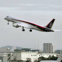 Mitsubishi Aircraft Corp.\'s second test plane departs from Nagoya airport in Aichi Prefecture for Washington state on Tuesday. The company is the builder of the nation\'s only domestically made passenger jet. Its first test aircraft flew to the U.S. in late September. | KYODO