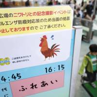 A sign Sunday at Nogeyama Zoo in Yokohama says interactive events with chickens are suspended as a precautionary measure against bird flu. | KYODO
