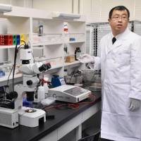 A researcher shows equipment for genome-editing research in a lab that opened Wednesday at Osaka University in Suita, Osaka Prefecture. Osaka University opens genome-editing research center