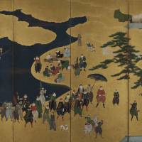 A folding screen depicts Portuguese sailors arriving in Japan. Japan's first Christmas