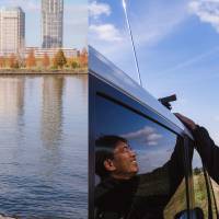 Left: A man fishes near the former Iwabuchi Water Gate. Right: Amateur radio enthusiast Mikihiro Matsura adjusts  his radio. | LANCE  HENDERSTEIN