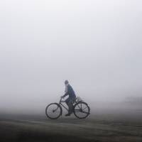 Going the wrong way: A man cycles through thick smog on a national highway in Karnal, India. Abe, Trump and Modi get on the wrong side of climate change