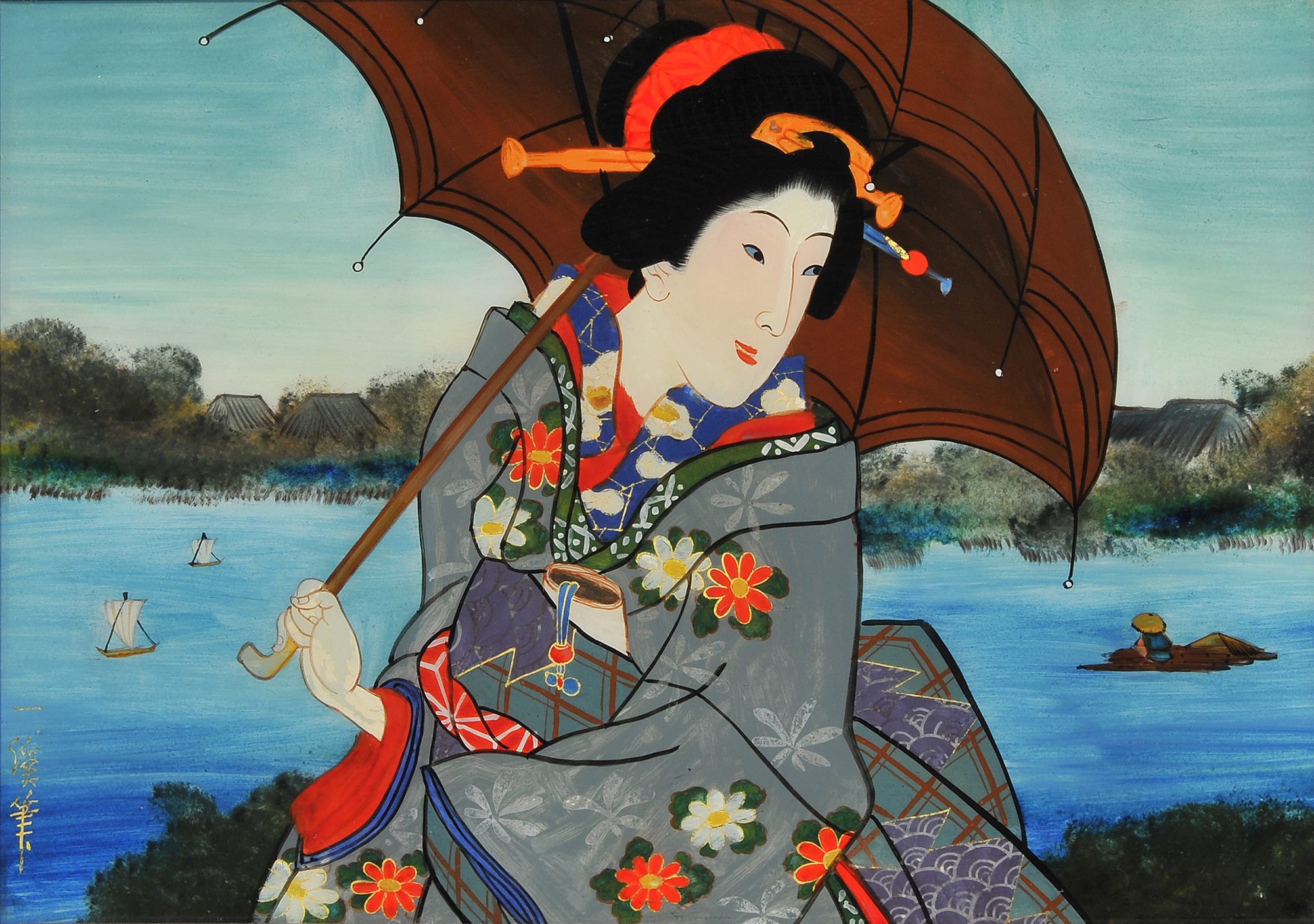 'Woman with Parasol at Riverside' (Meiji Era, Japan) | COLLECTION OF HAMAMATSU MUNICIPAL MUSEUM OF ART