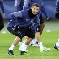 Real Madrid\'s Cristiano Ronaldo participates in a training session on Wednesday night in Yokohama. | AP
