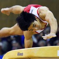 Kenzo Shirai performs on the vault at the Toyota International Gymnastics Competition on Sunday. | KYODO