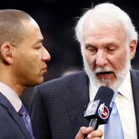 San Antonio Spurs coach Gregg Popiovich, seen during a recent interview with ESPN sideline reporter J.A. Adande, has been combative on numerous occasions with the media. | USA TODAY / VIA REUTERS