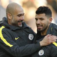 Manchester City manager Pep Guardiola (left) and star Sergio Aguero will face Premier League foe Chelsea on Saturday. Guardiola, Conte set to match wits in tactical battle