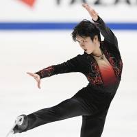 Shoma Uno skates in the men\'s free program at the All-Japan Championships on Saturday in Kadoma, Osaka Prefecture. Uno finished first overall, rallying to victory on the second day. | KYODO