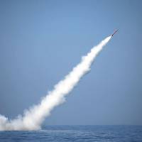 This handout image released by Pakistan’s Inter Services Public Relations (ISPR) office on Monday shows a Pakistani nuclear-capable cruise missile after being launched from a submarine during a test firing at an undisclosed location in Pakistan. Pakistan on Monday test-fired its first submarine launched cruise missile capable of carrying nuclear warheads and providing a credible second strike capability to the country, the military said. Pakistan reports success in test launch of nuclear-capable cruise missile from sub