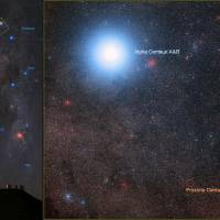 A handout image released by the European Southern Observatory (ESO) on Monday shows the closest stellar system to the sun, the bright double star Alpha Centauri AB and its distant and faint companion, Proxima Centauri. In late 2016, ESO signed an agreement with the Breakthrough Initiatives to adapt the VLT instrumentation to conduct a search for planets in the Alpha Centauri system. Such planets could be the targets for an eventual launch of miniature space probes by the Breakthrough Starshot Initiative. | BABAK TAFRESHI (TWANIGHT.ORG) / DIGITIZED SKY SURVEY 2/ EUROPEAN SOUTHERN OBSERVATORY / AFP-JIJI