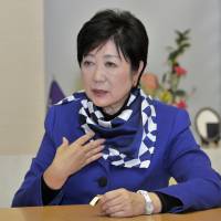 Tokyo Gov. Yuriko Koike is interviewed Monday at the metropolitan government headquarters in Shinjuku Ward. | YOSHIAKI MIURA