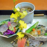 Seafood sculpture: The hassun platter, typically the show stealer in a kaiseki (traditional multicourse) meal, included an oyster in miso butter, and pickled saba (mackerel) served with a basil sauce | J.J. O\'DONOGHUE