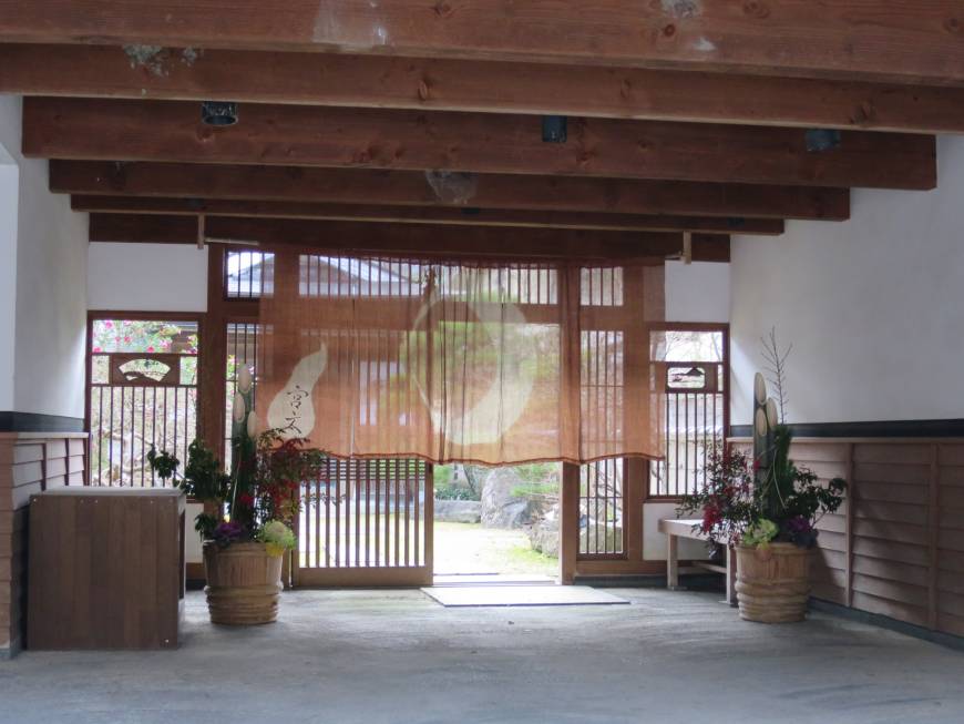 Noren hang in the entrance of a building in Katsuyama, Okayama Prefecture.