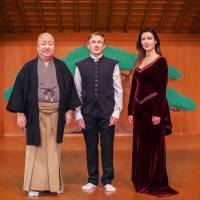 In tune: Noh master Umewaka Rokuro Gensho (left); the Celtic choir Anuna\'s leader, Michael McGlynn (center); and one of its soprano singers, Andrea Delaney. | &#169; MASATAKA ISHIDA