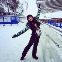 Former two-time world champion Miki Ando, seen here working for Sapporo TV at an FIS World Cup ski jump last year, has become a popular figure at sports events around Japan. | INSTAGRAM