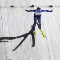 Yuki Ito soars through the air during a World Cup ski jump meet on Friday in Yamagata. Ito finished in first place. | KYODO
