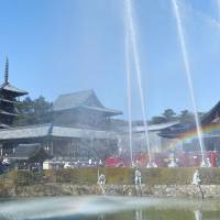 Firefighters spray water into the air during an annual fire drill Thursday at Horyuji Temple in the town of Ikaruga, Nara Prefecture. The temple, which is a World Heritage site, suffered a major fire on Jan. 26, 1949. | KYODO