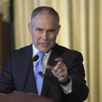 Environmental Protection Agency (EPA) Administrator Scott Pruitt speaks in Washington Tuesday. While Oklahoma’s attorney general, emails show that new Environmental Protection Agency chief Pruitt was in frequent contact with fossil fuel companies and special interest groups working to undermine federal efforts to curb planet-warming carbon emissions. EPA chief Pruitt cozy with fossil fuel industry, Koch brother efforts to block warming curbs, emails reveal