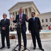 Attorney Bob Hilliard, representing the family of Mexican teenager Sergio Adrian Hernandez Guereca, speaks in front of the U.S. Supreme Court after presenting his argument on Tuesday in Washington. Hernandez was on the Mexican side of the U.S.-Mexico border when he was shot and killed by U.S. border agent Jesus Mesa Junior. U.S. Supreme court appears split in case of boy shot across Mexico border