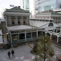 A reproduction of the original Shinbashi Station, which dates back to 1872, is shown in this photo taken Feb. 20 in Minato Ward, Tokyo. | SATOKO KAWASAKI