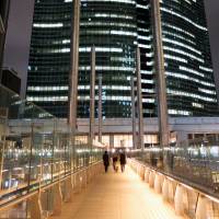 A high-rise office building adds to the nighttime ambiance in the Shiodome district in Minato Ward, Tokyo, on Feb. 24. | SATOKO KAWASAKI