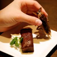 A slice of chocolate cake with whipped cream containing internal juices from a water bug and a water bug are displayed at a Tokyo bar on Sunday. | REUTERS