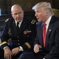 Army Lt. Gen. H.R. McMaster (left) listens as U.S. President Donald Trump speaks at his Mar-a-Lago estate in Palm Beach, Florida, on Monday, where it was announced he will be the new national security adviser. | AP