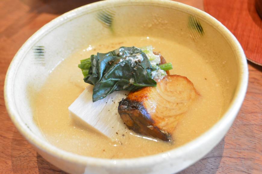 Tan Kasu jiru, a soup made using sake lees, yellowtail, and vegetables | J.J. O'DONOGHUE
