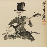 Kawanabe Kyosai\'s \"Skeleton Shamisen Player in Top Hat With Dancing Monster\" (1881-1889) | ISRAEL GOLDMAN COLLECTION, LONDON, PHOTO: ART RESEARCH CENTER, RITSUMEIKAN UNIVERSITY