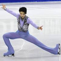 Yuzuru Hanyu skates during the men\'s short program at the Four Continents Championships on Friday in Gangneung, South Korea. Hanyu received 97.04 points and sits in third place. | KYODO