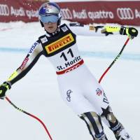 Lindsey Vonn reacts after failing to finish a women\'s Super-G race at the FIS Alpine Skiing World Championships on Tuesday in St. Moritz, Switzerland. | REUTERS