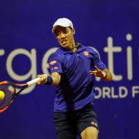 Kei Nishikori plays a shot during his second-round win over Argentina\'s Diego Schwartzman at the Argentina Open in Buenos Aires on Wednesday. | AP