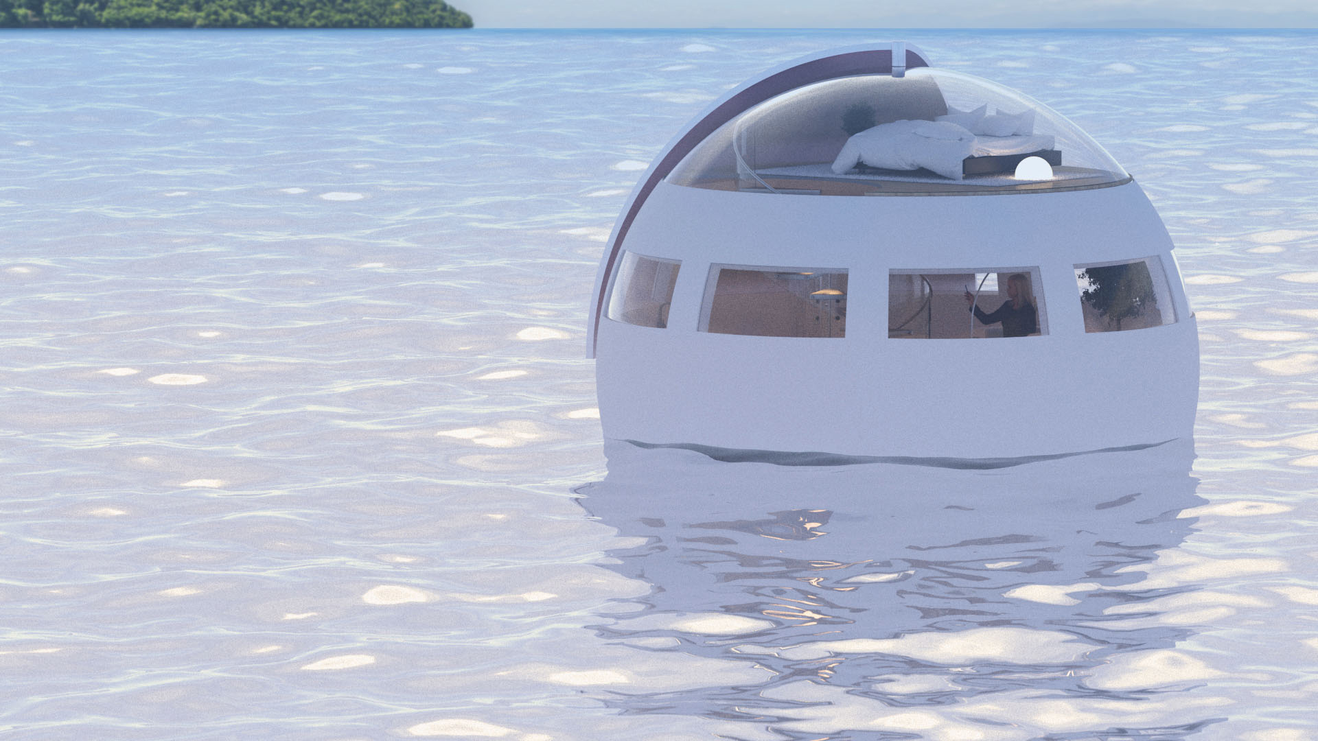 A capsule-shaped hotel room floats on water in a demonstration by the Huis Ten Bosch theme park in Nagasaki Prefecture. | HUIS TEN BOSCH CO. / VIA KYODO