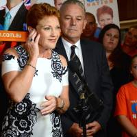 Sen. Pauline Hanson addresses a One Nation election function in Perth, Western Australia, on Saturday. | REUTERS