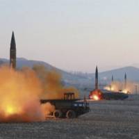 In this image made from video released by KRT on Tuesday, North Korea launches four missiles in an undisclosed location North Korea. On Monday, North Korea fired four ballistic missiles in an apparent protest of the ongoing U.S.-South Korean military drills that it views as an invasion rehearsal. | KRT / VIA AP VIDEO